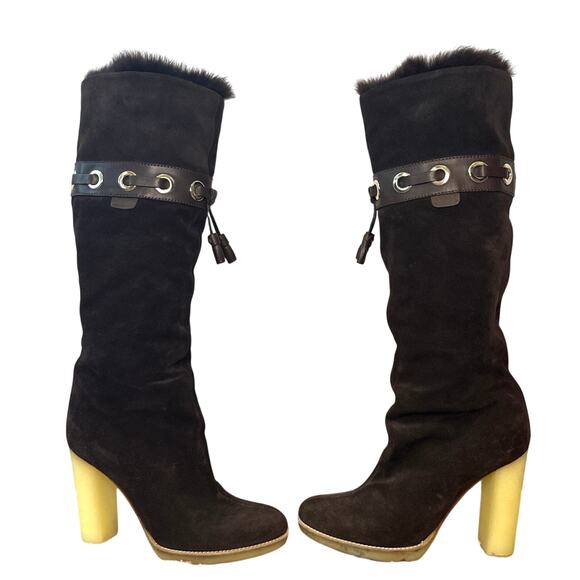 Gucci Dark Brown Suede Leather Fur Lined Tassel Knee Winter High Boots Size 6.5 - Picture 3 of 15